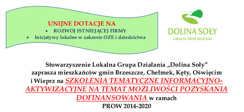 Szkolenia tematyczne na temat możliwości pozyskania dofinansowania